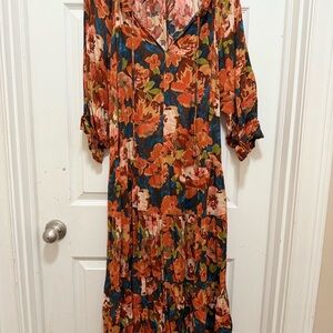 Easel Orange Midi Dress with V-Neck and Bishop Sleeves